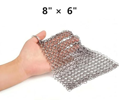 8"x6" Cast Iron Scrubber Stainless Steel Chainmail Cleaner for Pre-Seasoned Pans, Griddles, BBQ Grill and Pot Cookware Cleaning