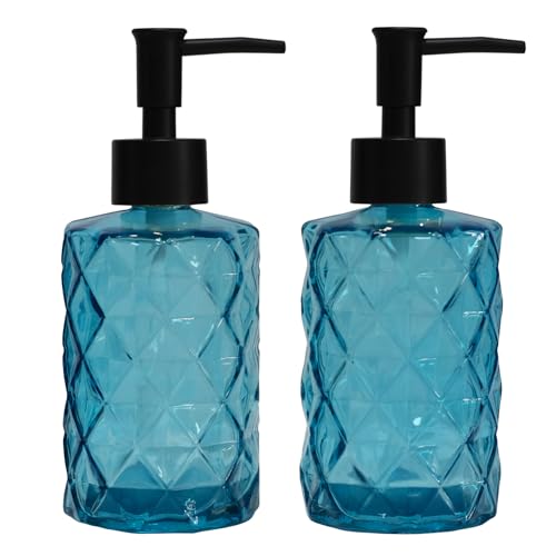Blue Glass Soap Dispenser with Black Plastic Pump, 12oz Refillable Liquid Hand Soap Dispenser, 2 Pack Crystal Lotion Bottle for Modern Home Decor, Bathroom, Kitchen Countertop, Hotel - color: Blue