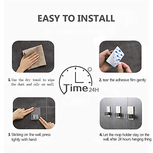 HANZE 2 Pack Stainless Steel Mop Broom Holder Organizer, Self Adhesive Wall Mounted Mop Organizer Storage Rack Clip for Kitchen Bathroom and Garage (Rectangle, Large)