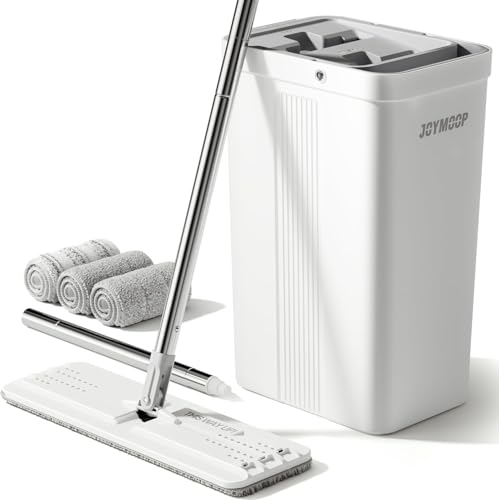 JOYMOOP Flat Mop System, Microfiber Mop and Bucket Set, White, Household & Commercial Floor Cleaning Mop with Long Handle, Includes 3 Microfiber Pads - color: White Standard2431