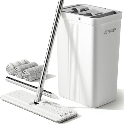 JOYMOOP Flat Mop System, Microfiber Mop and Bucket Set, White, Household & Commercial Floor Cleaning Mop with Long Handle, Includes 3 Microfiber Pads - color: White Standard2431