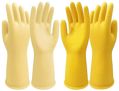 Disfore Rubber-Gloves Dishwashing Gloves for Cleaning-Kitchen - 2 Pairs Long Household Cleaning Gloves for Washing Dishes - color: Yellow Beige Medium 2 Pairs