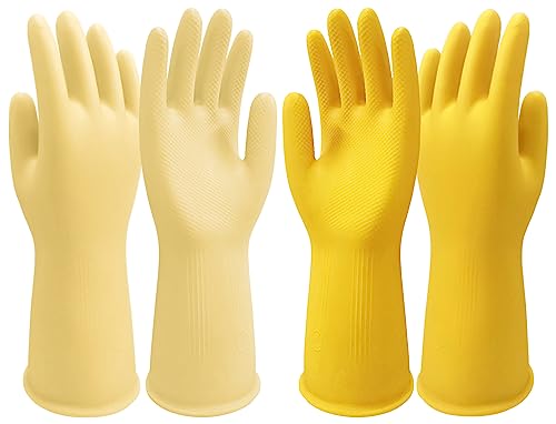Disfore Rubber-Gloves Dishwashing Gloves for Cleaning-Kitchen - 2 Pairs Long Household Cleaning Gloves for Washing Dishes - color: Yellow Beige Medium 2 Pairs