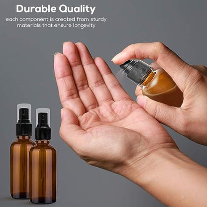 Small Glass Spray Bottles for Oil, Hair, Plants Water 2 oz | Empty Fine Mist and Refillable Mister Amber Mini Travel Size Bottle for Cleaning Solutions, Essential Oil Sprayer and Nozzle - 2 Pack
