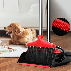Broom with Dustpan Combo Set, 43” Long Handle Broom and Dustpan Set, Upright Standing Dust Pan for Home and Kitchen, Brooms for Sweeping Indoor（Black&Red）