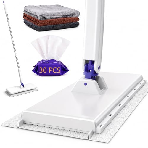RIGONE Snap Grip Mop Kit, Hands-Free Flat Mop with One-Press Clip, 49" Wet Dry Floor Cleaner, Use Any Cloth, Towel or Rag, 34-Piece Set for Hardwood Tile Wall Window Home Cleaning