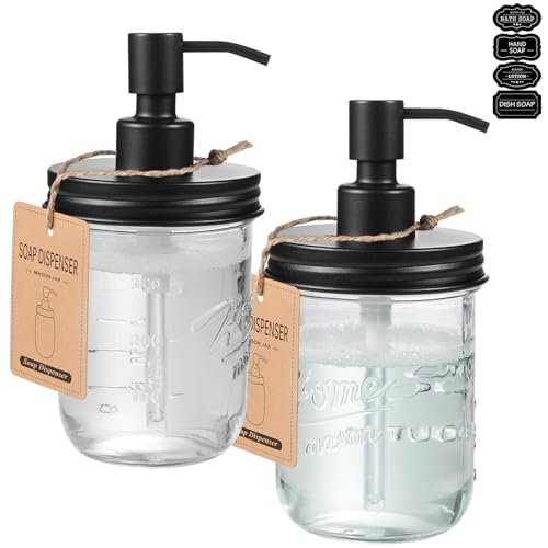 SheeChung Mason Jar Soap Dispenser, Dish Soap Dispenser Kitchen, Stainless Steel Pump Lid, Glass Hand Soap Dispensers for Bathroom Countertop, Liquid, Lotion, Refillable, Farmhouse Decor (2, Black) - color: Black-2 Pack, Wide Mouth