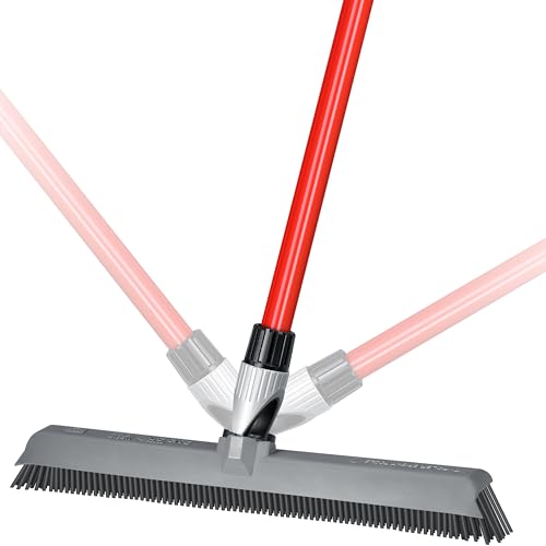 2-in-1 Silicone Rubber Broom Carpet Rake and Squeegee - Swivel Pet Hair Removal Broom - 4 Piece Handle - Slanted Side Bristles for Corners - Multipurpose Rubber Broom for Carpet, Hardwood Floor, Tile - size: 4 Piece Long Handle