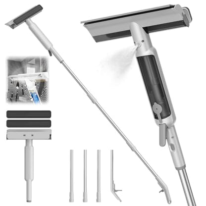 4 in 1 Window Squeegee with Water Tank,Window Cleaner Tool with Remote Control Water Spray,16'' to 72'' Adjustable Extension Pole,Wastewater Tray,Sponge Window Squeegee for Shower Glass Car Window