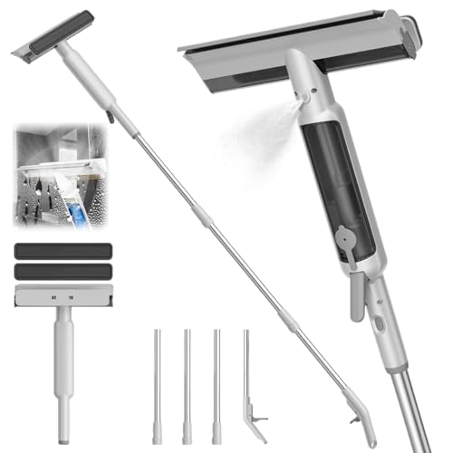 4 in 1 Window Squeegee with Water Tank,Window Cleaner Tool with Remote Control Water Spray,16'' to 72'' Adjustable Extension Pole,Wastewater Tray,Sponge Window Squeegee for Shower Glass Car Window