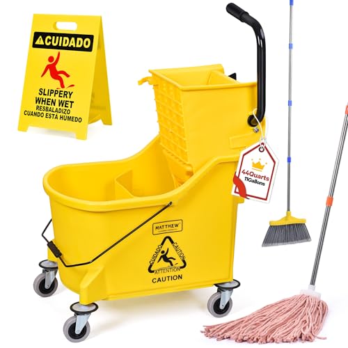 Matthew Cleaning 44Quart Commercial Mop Bucket INCL.Wet String Mop& 19'' Industrial Wet Floor Sign with Side Press Wringer On Wheels,Tandem Portable Floor Cleaning Wavebrake,Ideal for Household - color: Yellow, size: 44 Quart