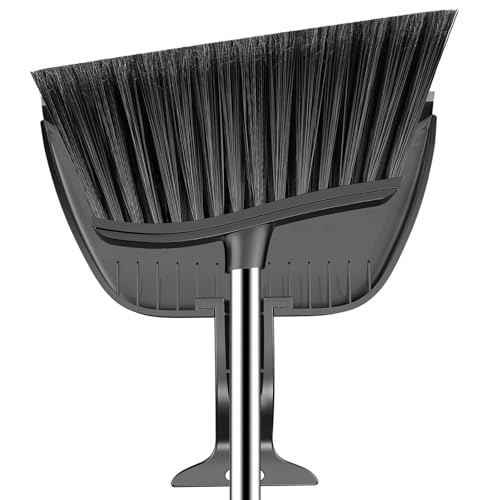 Broom and Step-on Dustpan Set, 59-in Adjustable Long Handle Broom with Dustpan Combo Set Outdoor Angle Broom for Sweeping Indoor Dust Pet Hair for Cleaning Kitchen Garage Deck Patio, Black - color: Black