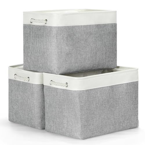 Bidtakay Large Storage Baskets for Organizing 3-Pack Fabric Closet Organizers Storage Bins with Handles 16x11.8x11.8 In Collapsible Baskets for Shelves Cloth Home Organization L-White&Grey - color: White&Grey, size: 3 Pack-L-16x11.8x11.8 In
