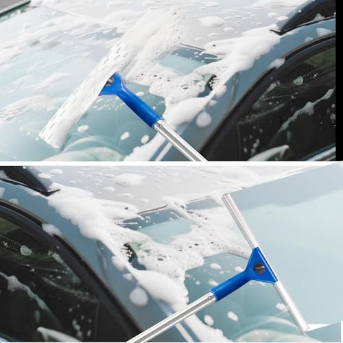 59" Long Reach Window Squeegee with 14" Double-Layer Rubber Blade & 2 Replacement Cloths - Stainless Steel Handle for High Windows, Car Glass & Mirrors