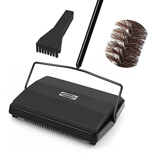 JEHONN Carpet Floor Sweeper Manual with Horsehair, Non Electric Quite Rug Roller Brush Push for Cleaning Pet Hair, Loose Debris, Lint (Black) - color: Black