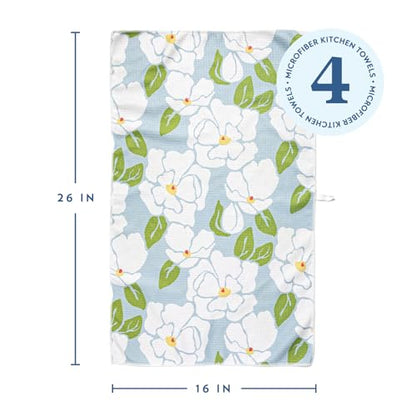 ELYN Microfiber Kitchen Dish Towel Set, Quick-Dry & Absorbent Waffle Weave Cleaning Towels, Set of 4 Kitchen Towels, Paper Towels Alternative (Magnolias & Stripe) - color: Magnolias & Stripe, style: Dish Towel - 4 Pack