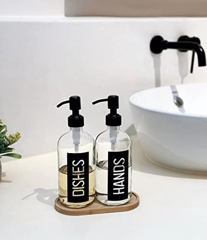 JASAI 2Pack 18OZ Glass Soap Dispenser, Black Stainless Steel Pump, Kitchen Dispenser with Classy Label, Refillable for Dishes - color: Black With Black Pump