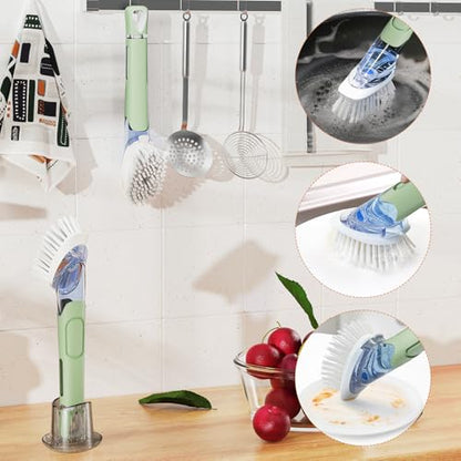 Soap Dispensing Replacement Dish Brush Storage Set with 2 PCS Brush Refills & Holder - RIMAY Dispenser Scrub Cleaning Scrubber Kitchen Dishwashing Dish Wand Handle for Dishes/Pans/Pots/Sink(Green) - color: Green