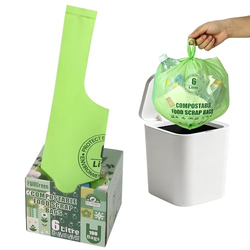 Small Compostable Trash Bags with Handles for Countertop Bin 6L,1.2 Gallon 100 Count Green Biodegradable Recycle Bags for Kitchen，Food Waste Bag with TUV and OK Compost Home and BPI Certified