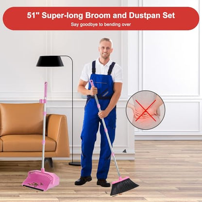 Tiumso Broom with Dustpan Combo Set, 51'' Broom and Dustpan Set, Brooms and Dust Pan with Handle, Brooms with Standing Dustpans, House Broom for Pets Hair and Floor Cleaning - Pink - color: Pink