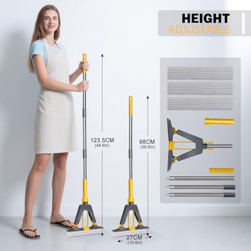 Masthome Sponge Mop,Roller Sponge Mop with 3 Absorbent PVA Mop Refills,Self Squeeze Sponge Mops and Stainless Steel Handle,PVA Sponge Mops for Floor Cleaning - color: Yellow