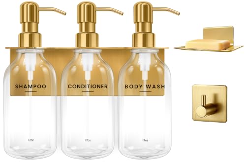 Shampoo and Conditioner Dispenser - Wall Mounted Shower Soap Dispenser - 17oz No-Drill Refillable Plastic Bottles with Stainless Steel Pump for Bathroom - Includes Soap Dish and Hook (Transparent) - color: Transparent