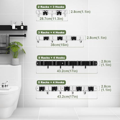 2 Pack 3 Racks and 4 Hooks Broom and Mop Holder Wall Mounted Garage Organizer Storage Tool Racks Stainless Steel Heavy Duty Hooks Self Adhesive Solid Non-slip Wall Hangers for Home Kitchen Garden - color: 3 Racks & 4 Hooks