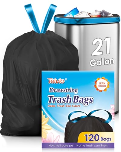 21 Gallon 120 Counts Strong Drawstring Trash Bags Garbage Bags by Teivio,Fit 20 Gal Bathroom Trash Can Bin Liners, Plastic Bags for home office kitchen, Black - style: 120-21Gallon-Black