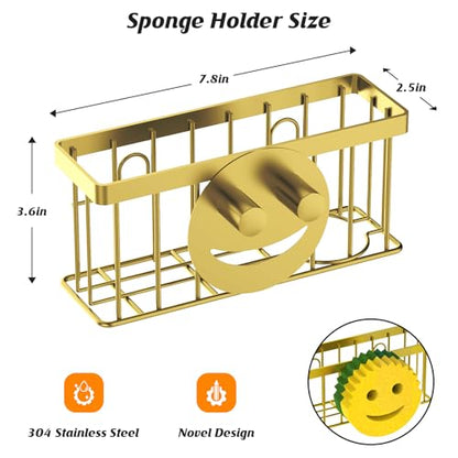 MURLONG Sponge Holder Smiley Face, Sink Caddy for Kitchen Sink, Sink Organizer Sponge Holder with 2 PCS Suction Cups/1 PCS Adhesive Strips, Designed for Sponge, Soap, Dish Brush, Scrubber-Gold - color: Gold