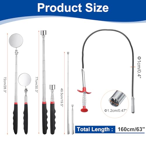 HARFINGTON Flexible Grabber Claw Pick Up Tool Set 0.47" Dia. 63" Bendable Spring Telescoping Inspection Mirror Magnet Rod 4 Claws Stainless Steel Cleaning Hook for Auto Repair Home Sink Drain