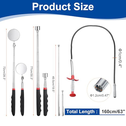 HARFINGTON Flexible Grabber Claw Pick Up Tool Set 0.47" Dia. 63" Bendable Spring Telescoping Inspection Mirror Magnet Rod 4 Claws Stainless Steel Cleaning Hook for Auto Repair Home Sink Drain