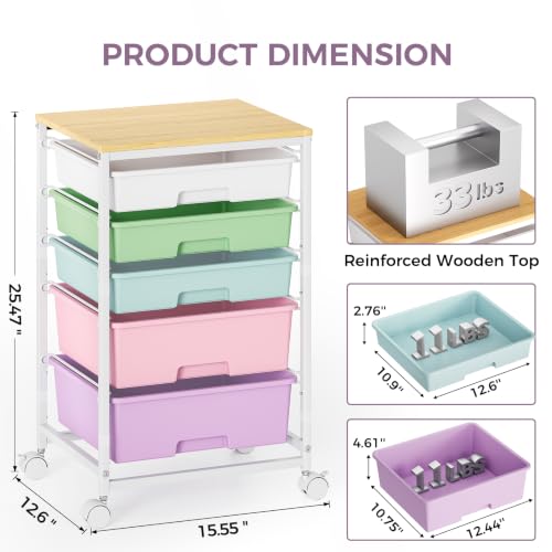 SYKIARIOL 5-Tier Rolling Utility Storage Drawer Craft Cart on Wheels with Wooden Tabletop, Mobile Craft Storage Drawer Cart Trolley for Home Office, Classroom, Craft Room & Kid Room, Ice Cream - color: Ice Cream