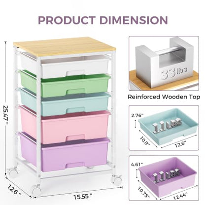 SYKIARIOL 5-Tier Rolling Utility Storage Drawer Craft Cart on Wheels with Wooden Tabletop, Mobile Craft Storage Drawer Cart Trolley for Home Office, Classroom, Craft Room & Kid Room, Ice Cream - color: Ice Cream