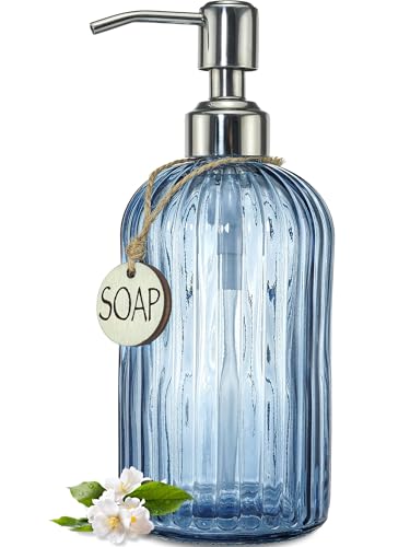 JASAI 18Oz Navy Blue Glass Soap Dispenser for Kitchen & Bathroom, Refillable Kitchen soap Dispenser with Vertical Stripe, Bathroom Soap Dispenser for Dispense Hand soap& Dish Soap. - color: Navy Blue