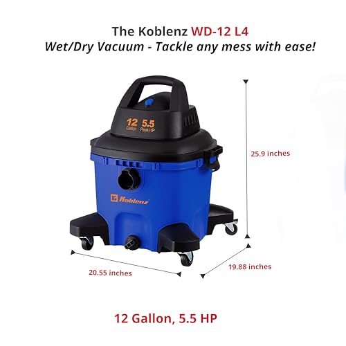 Koblenz WD-12 L4 Wet Dry Vacuum Cleaner, 12 Gallon 5.5 PHP, 3-in-1 Suction & Blower, 32 ft Reach, Drain Plug, Large Vacuum Cleaner for Car, Shop Vacuum Wet and Dry, Click-N-Lock Hose, Blue/Black - size: 12 Gallon 5.5 HP