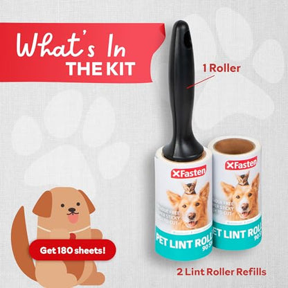 XFasten Pet Hair Lint Rollers for Pet Hair Extra Sticky (180 Sheets/ 2 Lint Roller Refills /1 Pet Hair Roller) Cat and Dog Hair Roller, Sticky Lint Roller for Clothes, Pet Hair Removal Tool - size: 180 Sheets (2 Refills + 1 Handle)