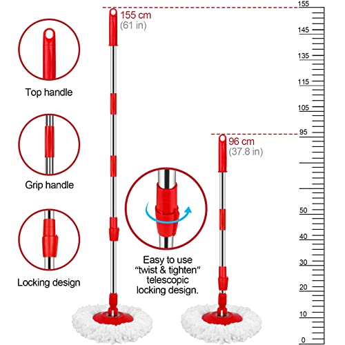Spin Mop and Bucket with Wringer Set, 360° Spinning Mop Bucket System with 3 Microfiber Mop Replacement Heads, Adjustable Handle for Floor Cleaning (red) - color: Red