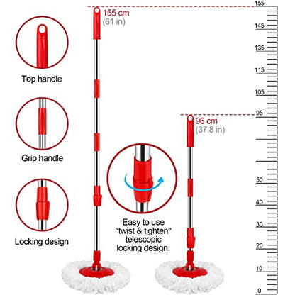 Spin Mop and Bucket with Wringer Set, 360° Spinning Mop Bucket System with 3 Microfiber Mop Replacement Heads, Adjustable Handle for Floor Cleaning (red) - color: Red