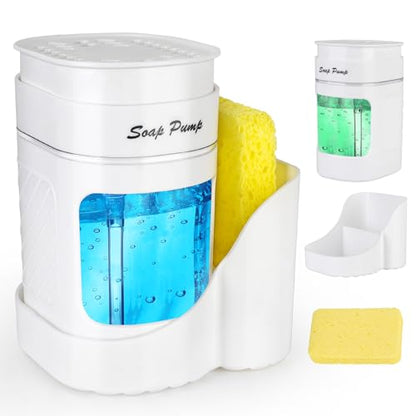 Kitchen Dish Soap Dispenser with Sponge Holder, 3-in-1 Countertop Dishwashing Soap Pump Dispenser Set for Kitchen Sink, Useful Kitchen Gadgets - White - color: White