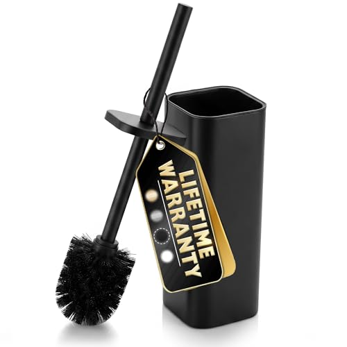 Black Toilet Brush with Square Stainless Steel Holder - Freestanding Toilet Brush and Holder Set Black - Removable Plastic Inner Cup, Splash Guard Cover, Replaceable Head, Corrosion Resistant Finish - color: Black Rounded Square