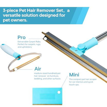 Pet Hair Remover Set, 3Pcs Pet Hair Remover Tool，Carpet Rake for Dogs & Cats Hair Removal，Carpet Rake for Pet Hair Removal, Pet Hair Removal Broom for Rug, Couch, Pet Bed, Car，Clothes, Furniture,