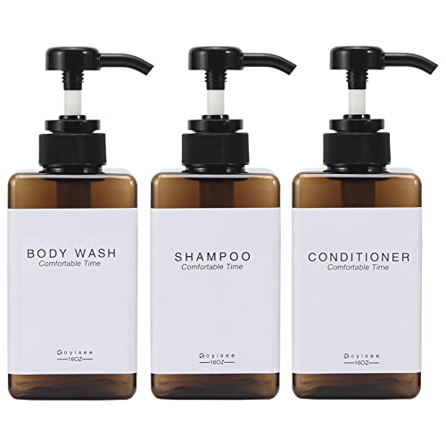 Plastic Refillable Hand Soap Dispenser Modern Square Pump Bottle for Bathroom Vanities or Kitchen Sink, Countertops - 3 Packs with Waterproof Label(Amber) - color: 3 Bottles-amber