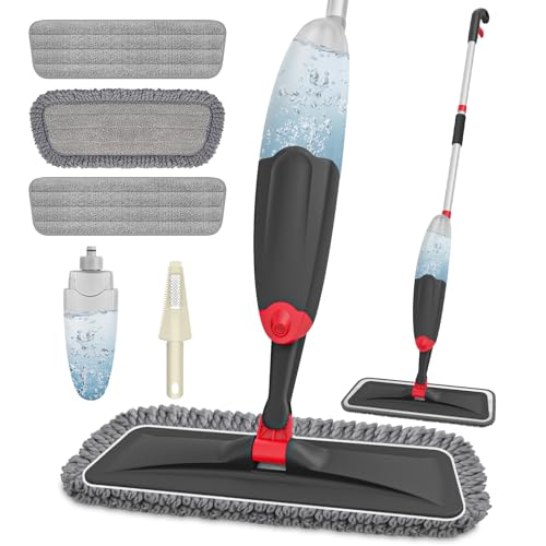 HOMTOYOU Microfiber Hardwood Floor Mop: Spray Mop for Cleaning Wood Floors | Wet Mopping & Dry Sweeping, 3 Reusable Refill Pads, 1Pcs 400+ML Refillable Bottle, 360° Swivel Head, Black - color: Black Red