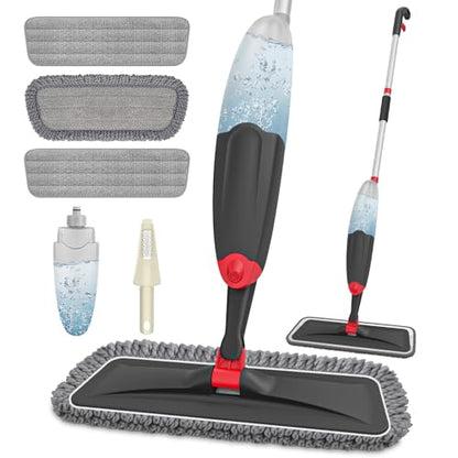 HOMTOYOU Microfiber Hardwood Floor Mop: Spray Mop for Cleaning Wood Floors | Wet Mopping & Dry Sweeping, 3 Reusable Refill Pads, 1Pcs 400+ML Refillable Bottle, 360° Swivel Head, Black - color: Black Red