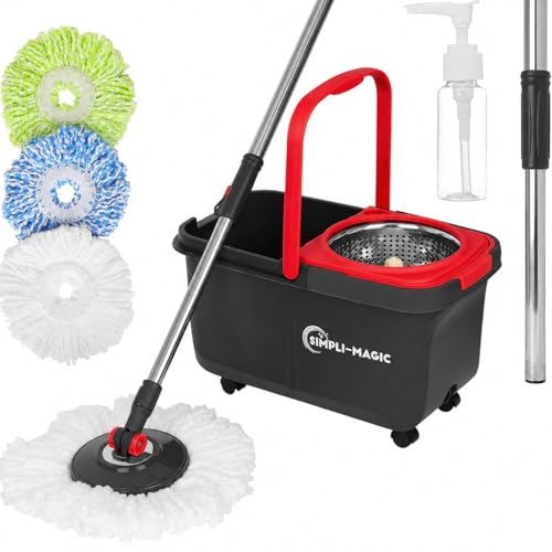 Simpli-Magic 360° Spin Mop and Bucket with Wringer – 3 High-Absorbent Microfiber Washable Heads, Soap Dispenser – Spinning Mop and Bucket Set for All Types Floor Cleaning - color: Black/Red, style: Rectangle