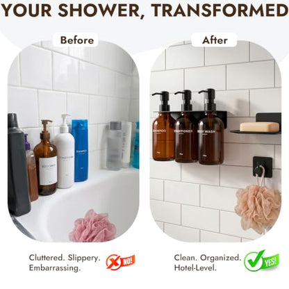 KOUCHU Shampoo and Conditioner Dispenser - Wall Mounted Shower Soap Dispenser - 17oz No-Drill Refillable Plastic Bottles with Stainless Steel Pump for Bathroom - Includes Soap Dish and Hook (Brown) - color: Brown