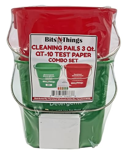 Bits N Things Cleaning Pails - Red Sanitizing (1), Green Detergent (1) 3 Quart,Cleaning Buckets, and QT-10 Quaternary Sanitizer Test Tape 15 feet Roll (1)
