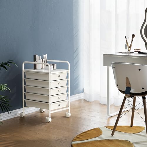 5-Tier Rolling Cart with 5 Drawers, Rolling Utility Cart with 2 Lockable Caster Wheels, Multipurpose Mobile Rolling Storage Drawer Cart for Office Bathroom Kitchen, Ivory White - size: White, 5-Tier