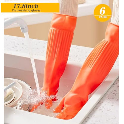 6-Pair 17.8-Inch Elbow - Length Reusable Rubber Waterproof Household Cleaning and Kitchen Dishwashing Gloves - size: Small