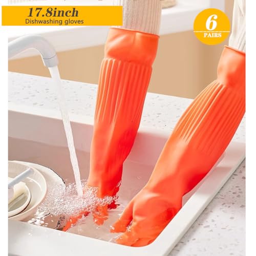 6-Pair 17.8-Inch Elbow - Length Reusable Rubber Waterproof Household Cleaning and Kitchen Dishwashing Gloves - size: Large